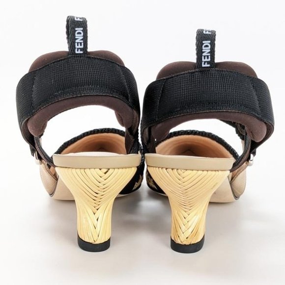 Fendi Black Beige Colibri Woven Raffia Slingbacks - Picture 2 of 5